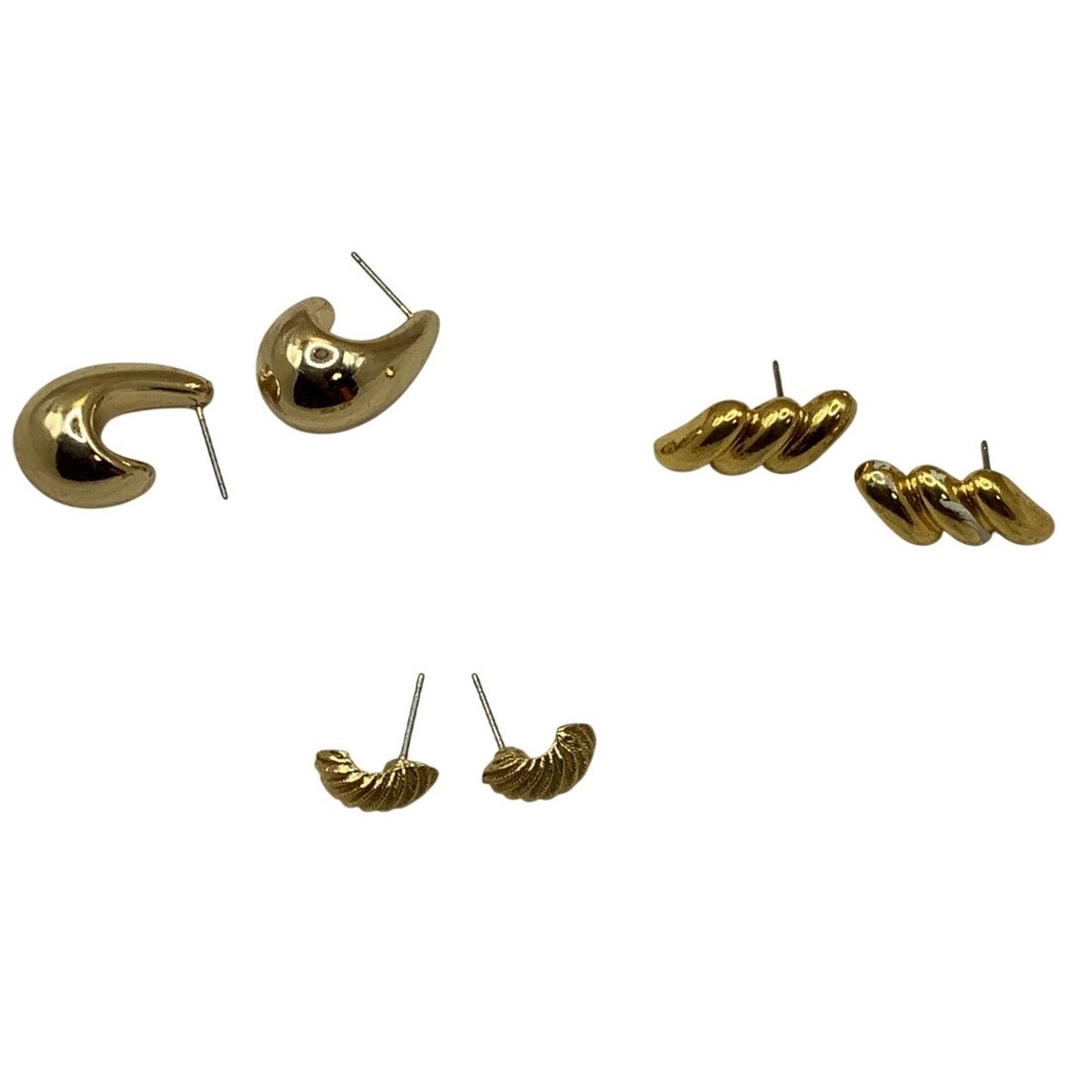 Vintage Gold Tone Stud Earring Lot 3 Pairs Chunky Teardrop Ribbed Twist